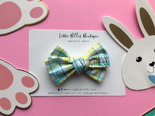 Load image into Gallery viewer, Gift for Toddler Girls. Toddler Hair Bows, Hair bows for babies, hair clips, toddler hair bow, baby hair bow, baby headband bow, plaid hair bow, easter hair bow, spring hair bow, blue plaid bow, yellow plaid bow