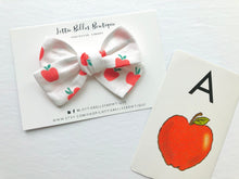 Load image into Gallery viewer, Hair bows for babies, hair clips, toddler hair bow, baby hair bow, apple hair bow, apple accessory, back to school hair bow