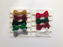 Load image into Gallery viewer, Gift for Toddler Girls. Toddler Hair Bows, Hair bows for babies, hair clips, toddler hair bow, baby hair bow, baby headband bow, Christmas hair bow, Christmas headband bow, Christmas baby bow, red hair bow, green hair bows, velvet hair bows, Christmas velvet hair bow, stocking stuffer ideas for girls, white velvet hair bow, gold velvet bow, silver velvet hair bow