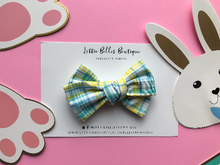 Load image into Gallery viewer, Gift for Toddler Girls. Toddler Hair Bows, Hair bows for babies, hair clips, toddler hair bow, baby hair bow,  baby headband bow, plaid hair bow, easter hair bow, spring hair bow, blue plaid bow, yellow plaid bow
